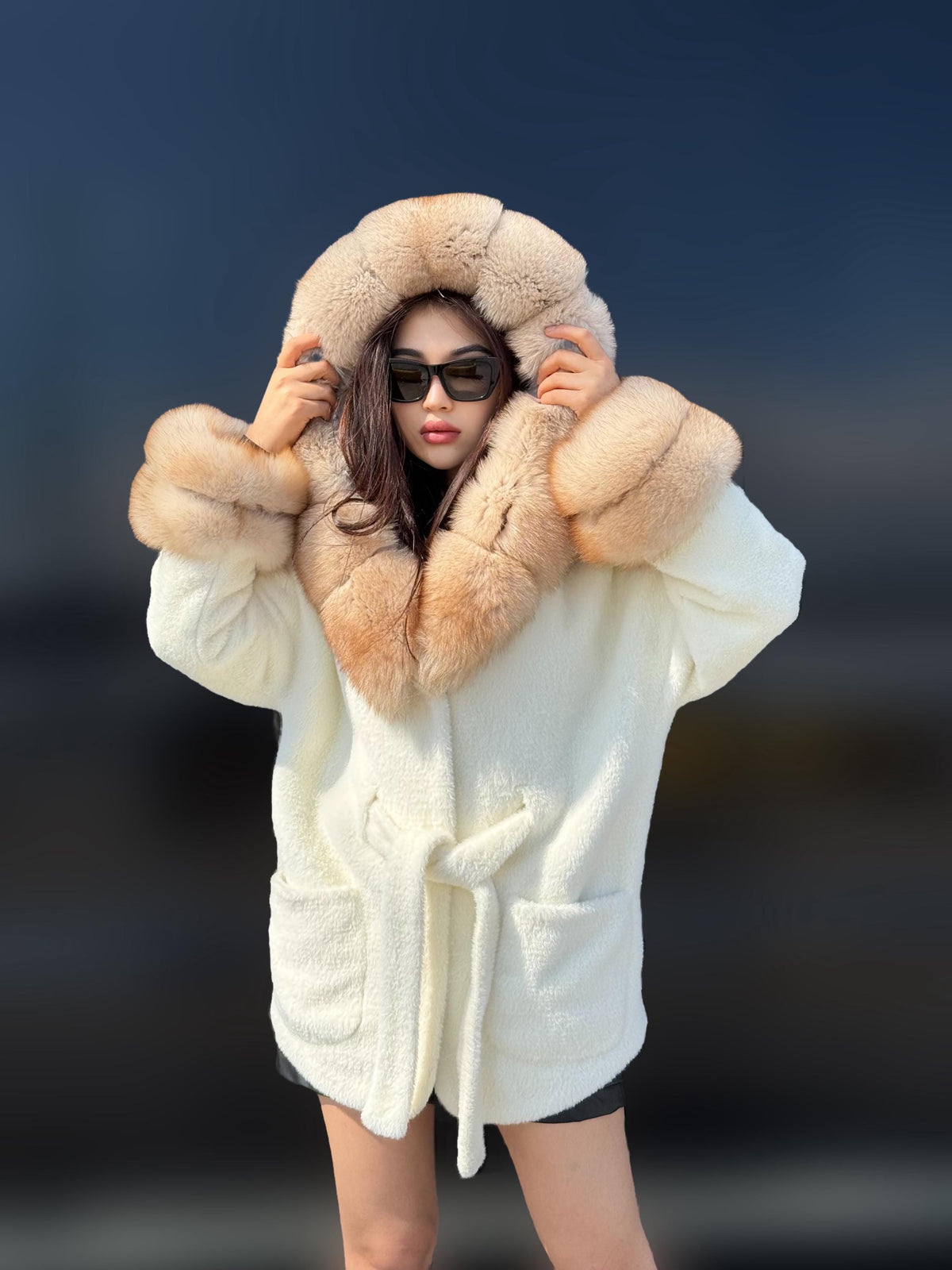 Luxury White Alcantara Cape Coat with Fox Fur Hood & Cuffs | Women’s Beige Winter Fox Fur Jacket