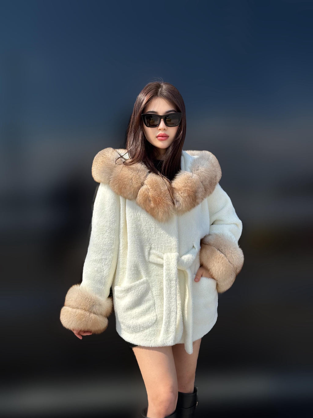 Luxury White Alcantara Cape Coat with Fox Fur Hood & Cuffs | Women’s Beige Winter Fox Fur Jacket