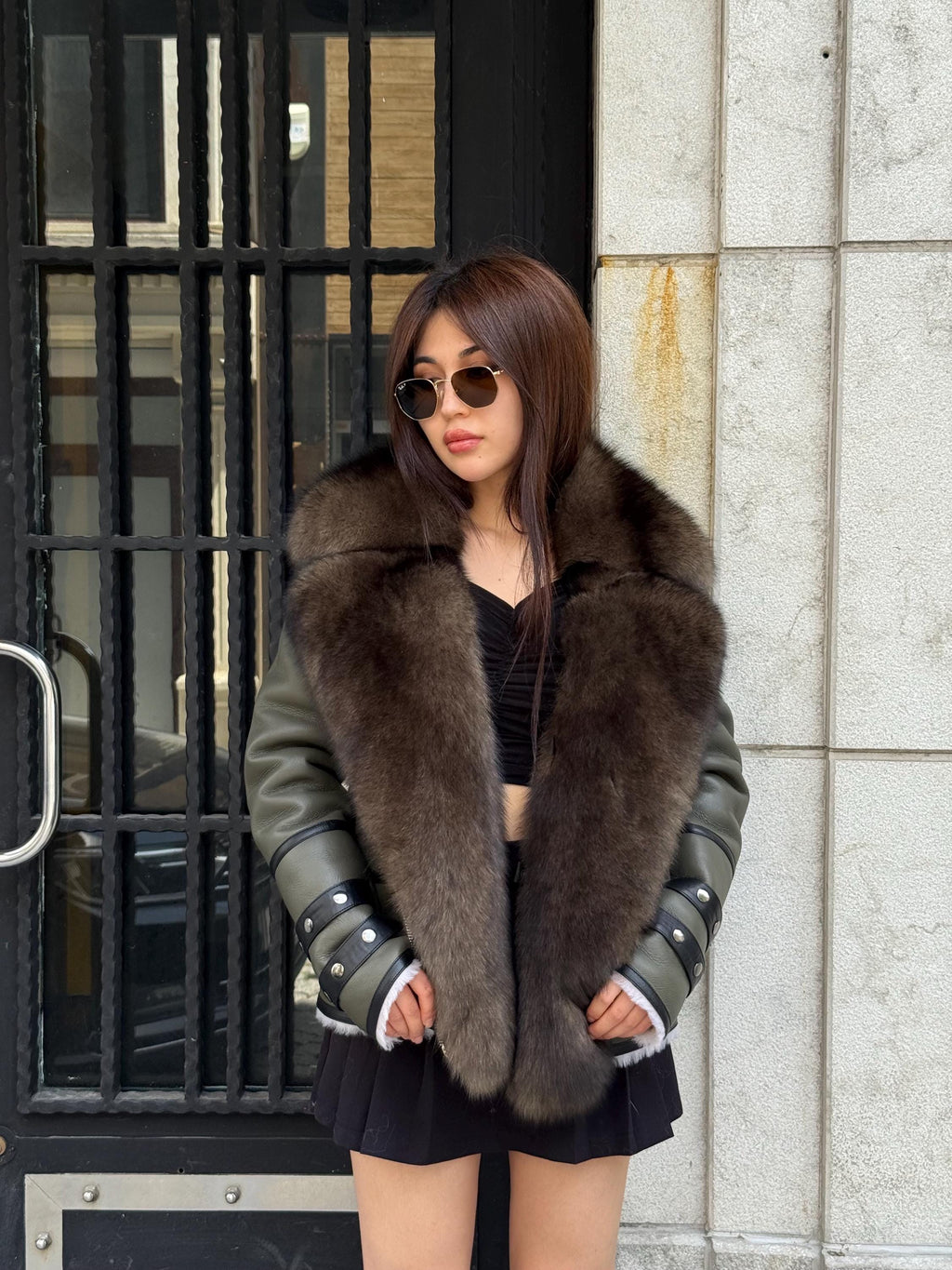 Khaki Shearling Coat With Fox Fur Trim, Handmade Short Lamb Fur Front Fox Fur Coat