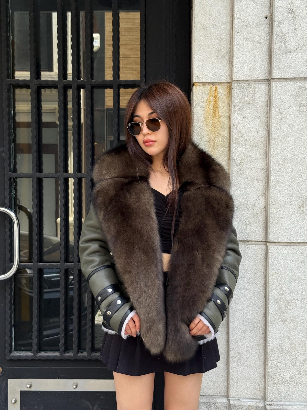Khaki Shearling Coat With Fox Fur Trim, Handmade Short Lamb Fur Front Fox Fur Coat