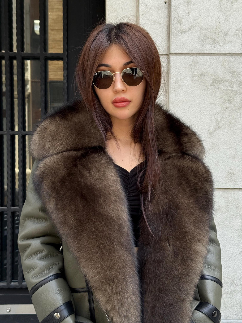Khaki Shearling Coat With Fox Fur Trim, Handmade Short Lamb Fur Front Fox Fur Coat
