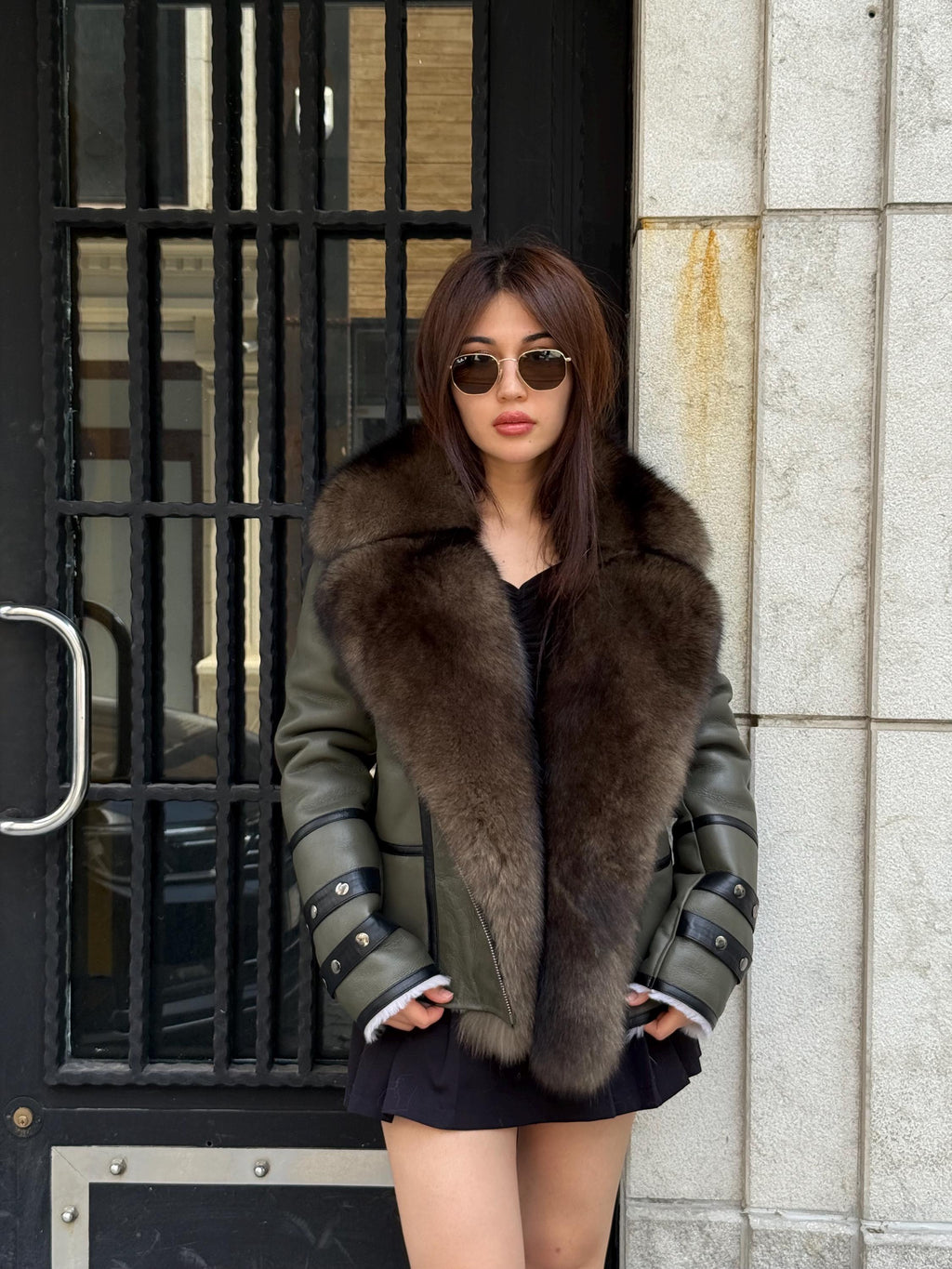 Khaki Shearling Coat With Fox Fur Trim, Handmade Short Lamb Fur Front Fox Fur Coat
