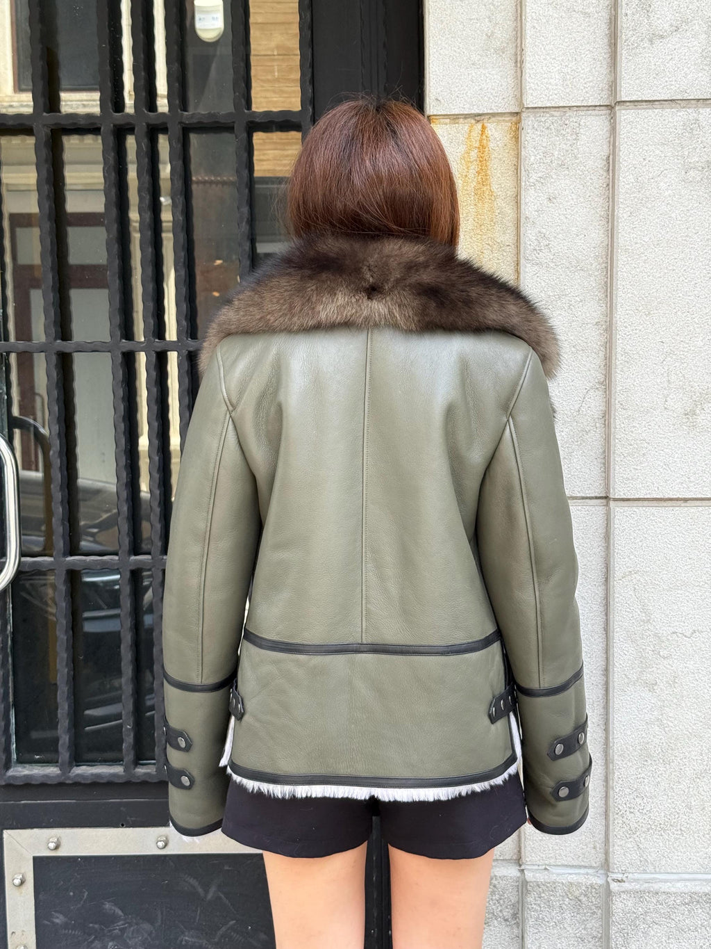 Khaki Shearling Coat With Fox Fur Trim, Handmade Short Lamb Fur Front Fox Fur Coat