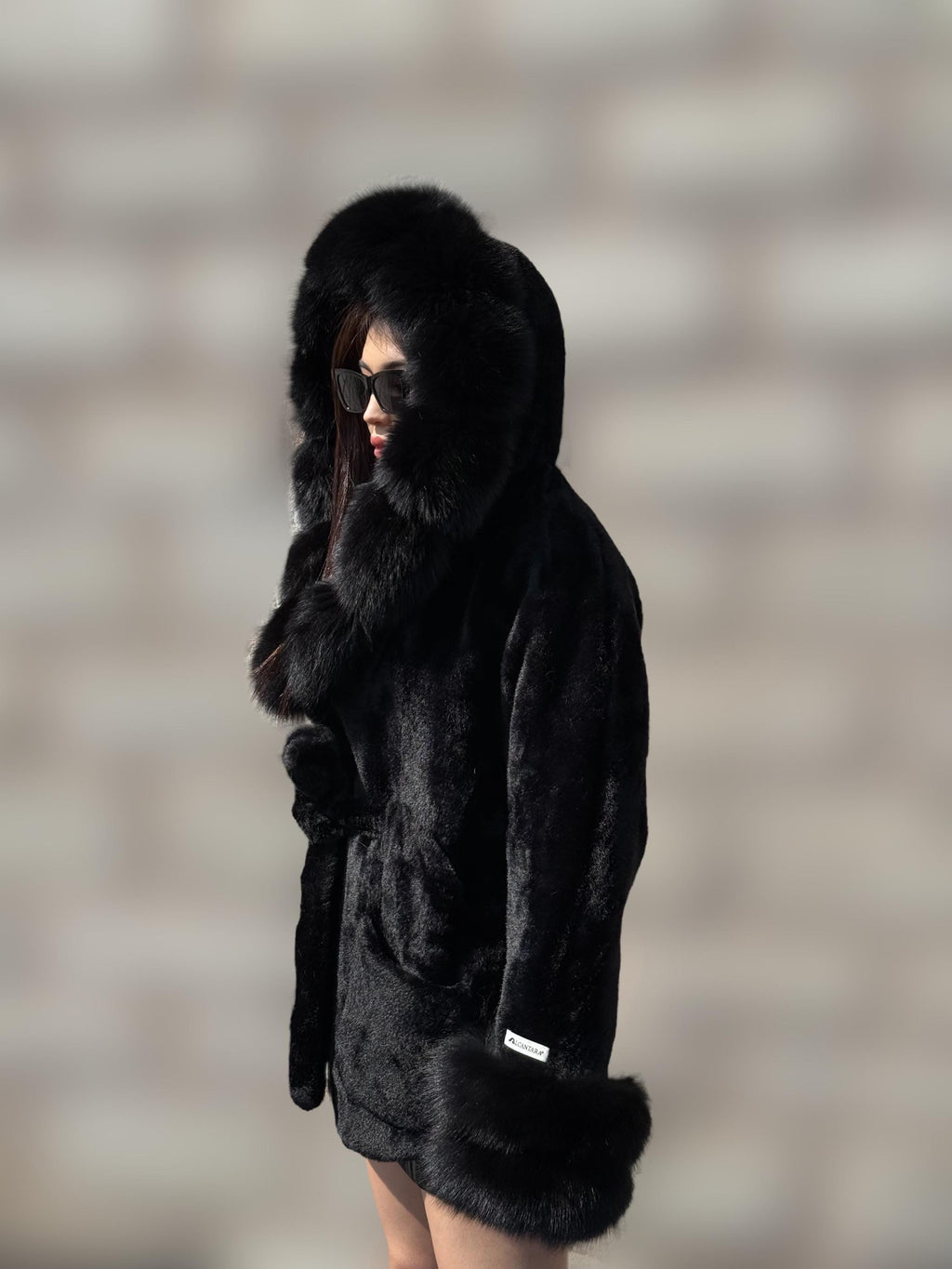 Luxury Black Alcantara Cape Coat with Fox Fur Hood & Cuffs | Women’s Beige Winter Fox Fur Jacket