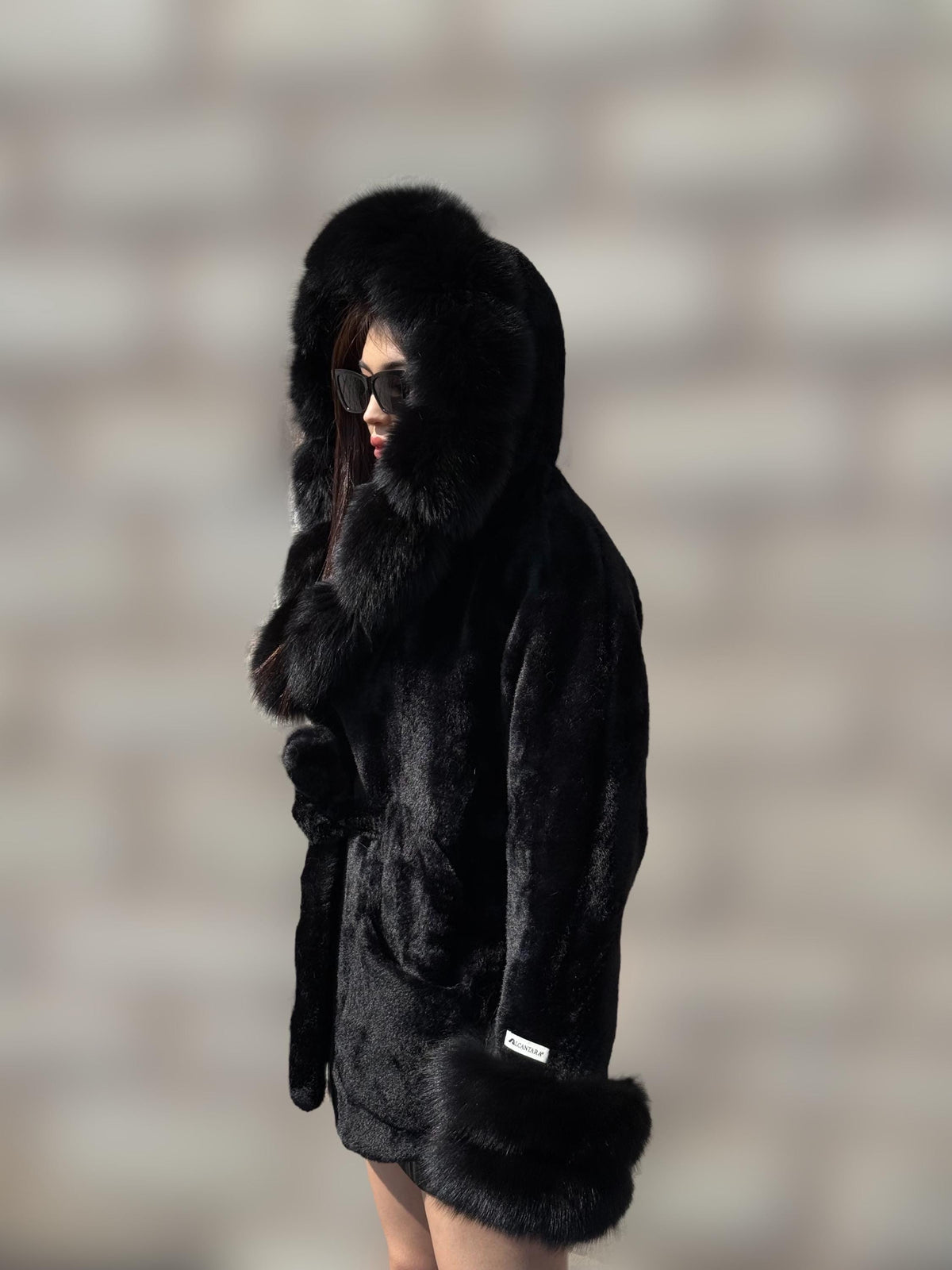 Luxury Black Alcantara Cape Coat with Fox Fur Hood & Cuffs | Women’s Beige Winter Fox Fur Jacket