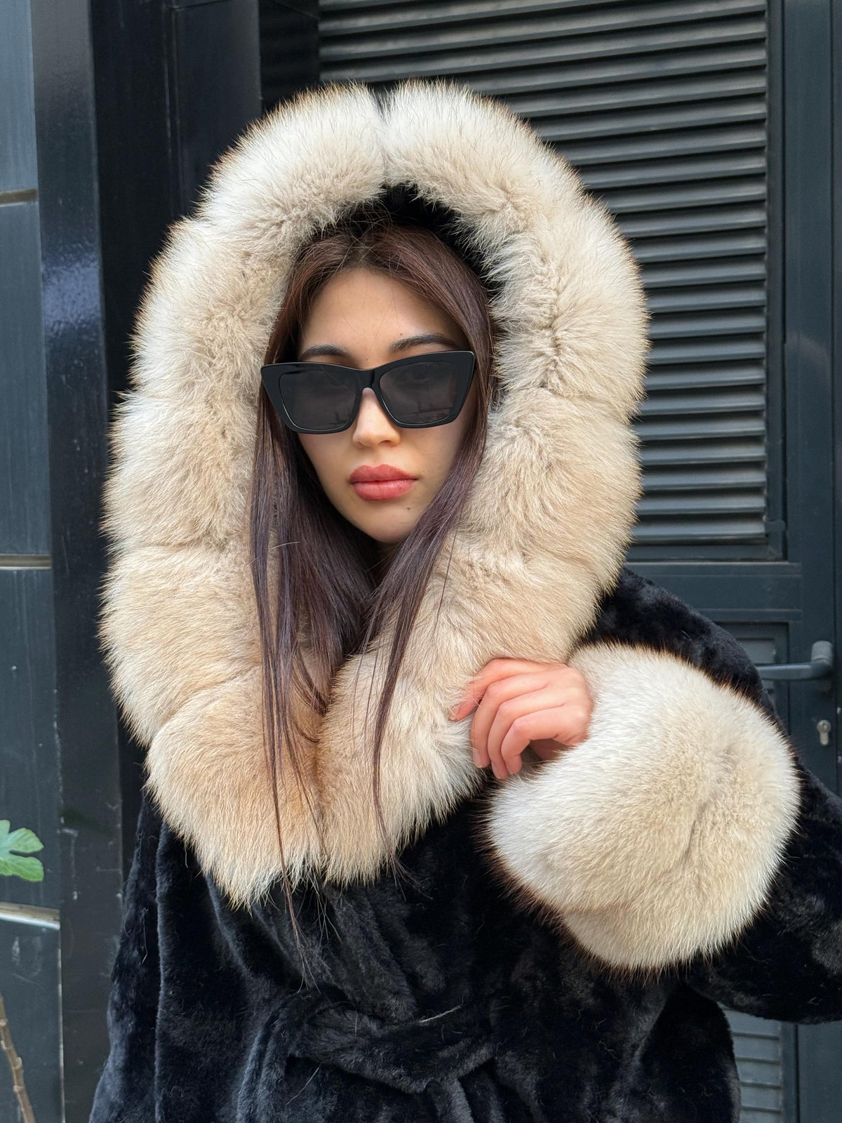 Luxury Black Alcantara Cape Coat with Fox Fur Hood & Cuffs | Women’s Beige Winter Fox Fur Jacket