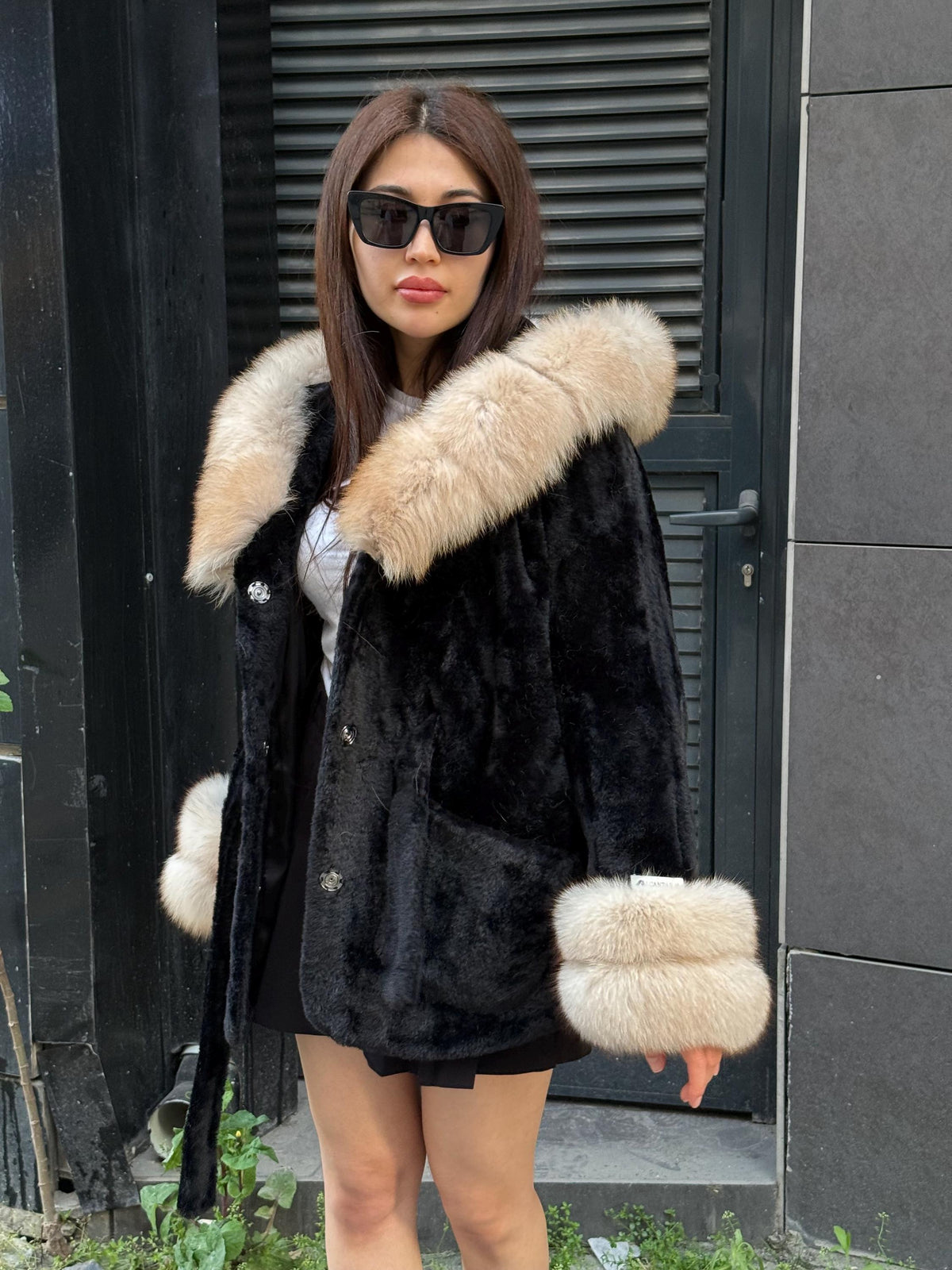 Luxury Black Alcantara Cape Coat with Fox Fur Hood & Cuffs | Women’s Beige Winter Fox Fur Jacket