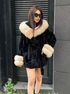 Luxury Black Alcantara Cape Coat with Fox Fur Hood & Cuffs | Women’s Beige Winter Fox Fur Jacket