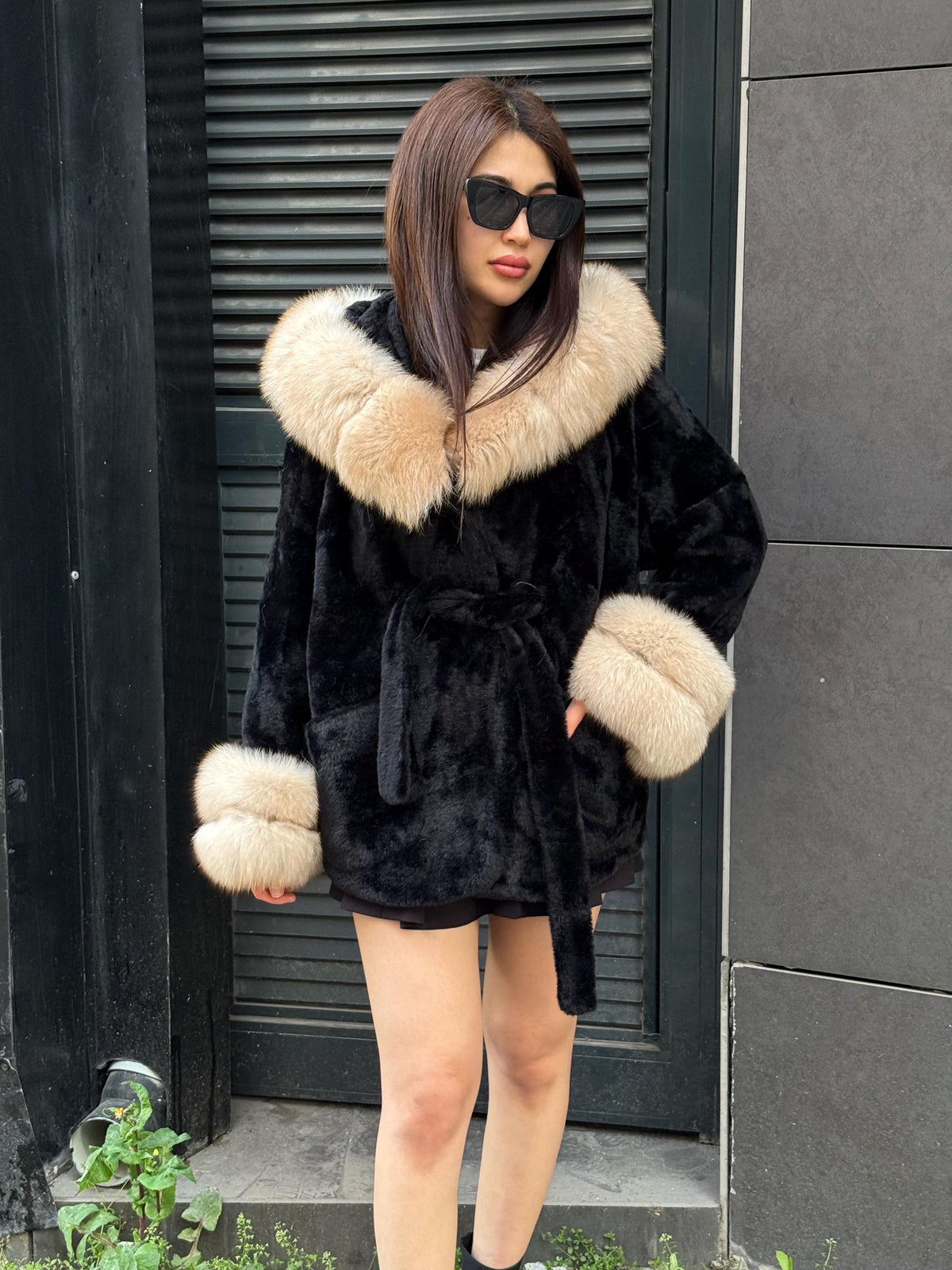 Luxury Black Alcantara Cape Coat with Fox Fur Hood & Cuffs | Women’s Beige Winter Fox Fur Jacket