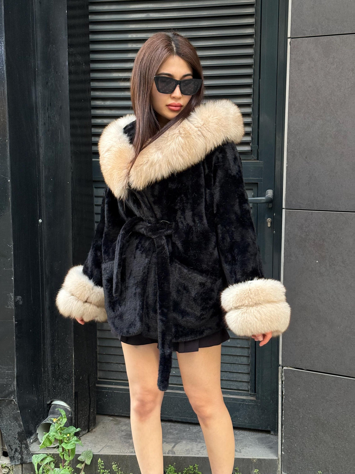 Luxury Black Alcantara Cape Coat with Fox Fur Hood & Cuffs | Women’s Beige Winter Fox Fur Jacket