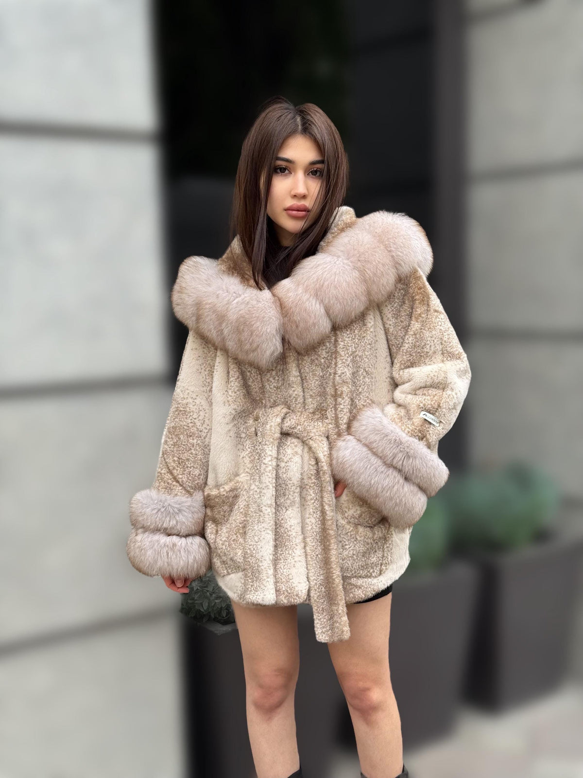 Luxury Beige Faux Mink Cape Coat with Fox Fur Hood & Cuffs | Women’s Beige Winter Genuine Fox Fur Jacket