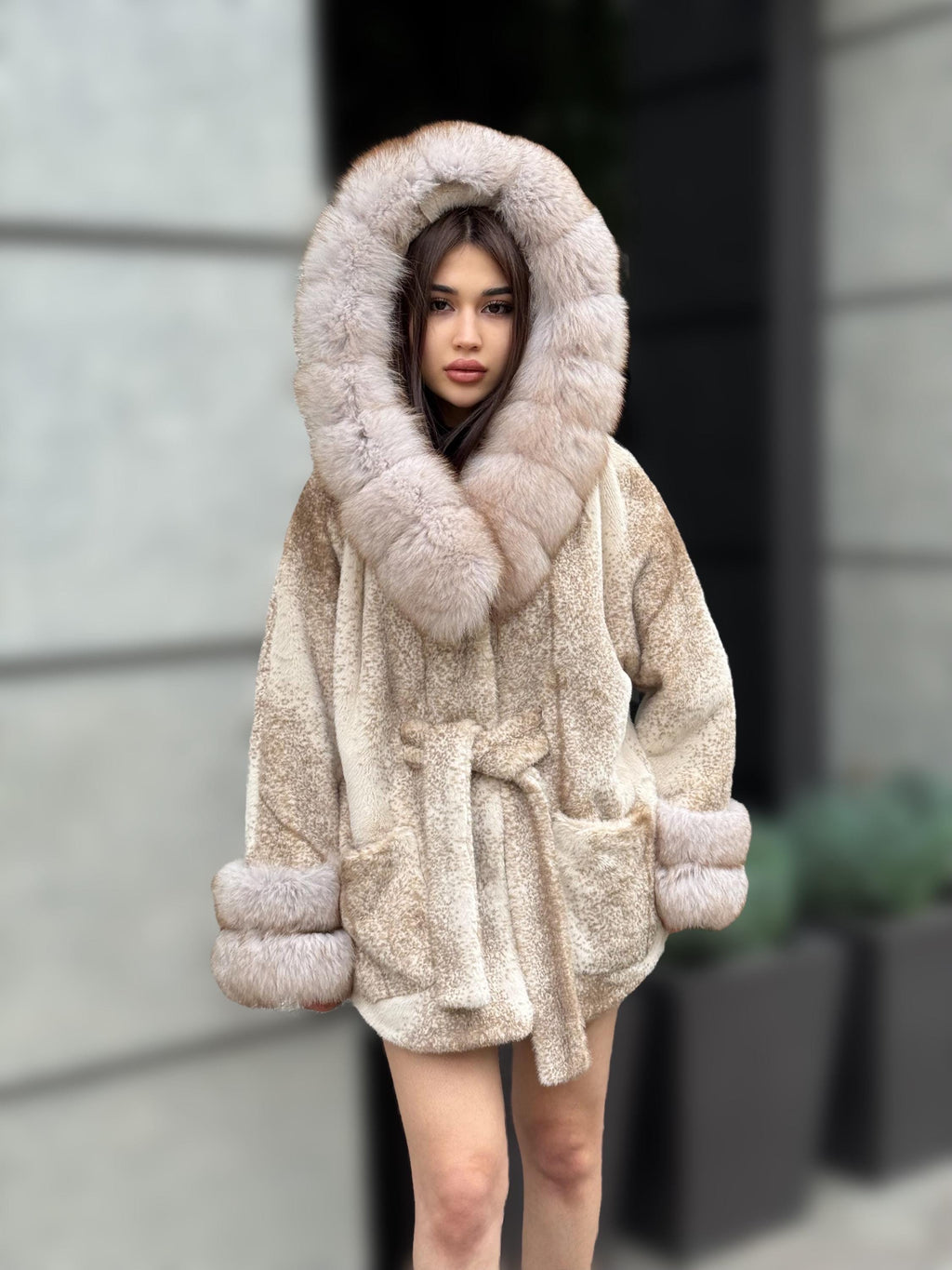 Luxury Beige Faux Mink Cape Coat with Fox Fur Hood & Cuffs | Women’s Beige Winter Genuine Fox Fur Jacket