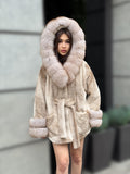 Luxury Beige Faux Mink Cape Coat with Fox Fur Hood & Cuffs | Women’s Beige Winter Genuine Fox Fur Jacket