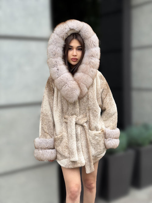 Luxury Beige Faux Mink Cape Coat with Fox Fur Hood & Cuffs | Women’s Beige Winter Genuine Fox Fur Jacket