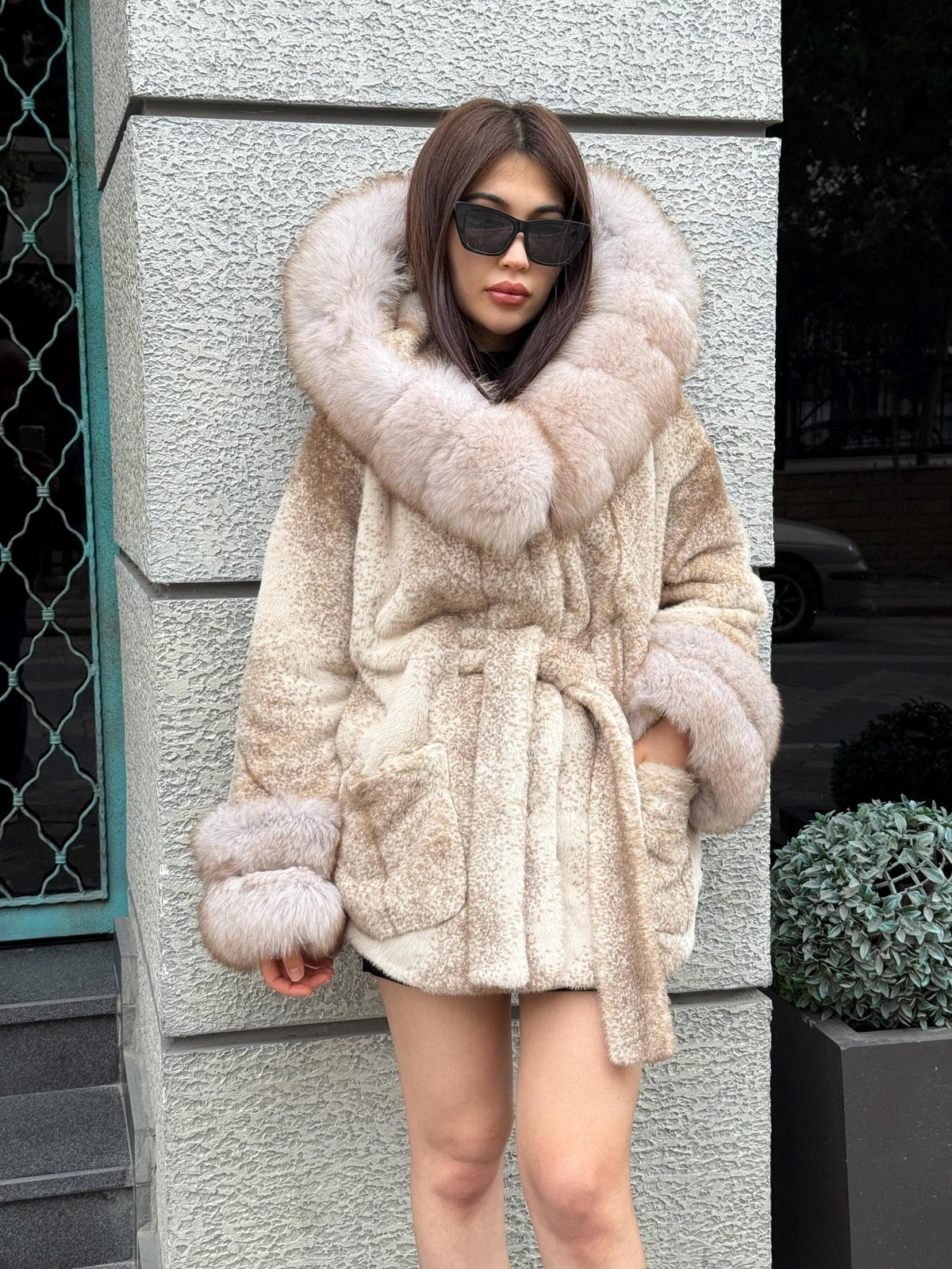 Luxury Beige Faux Mink Cape Coat with Fox Fur Hood & Cuffs | Women’s Beige Winter Genuine Fox Fur Jacket