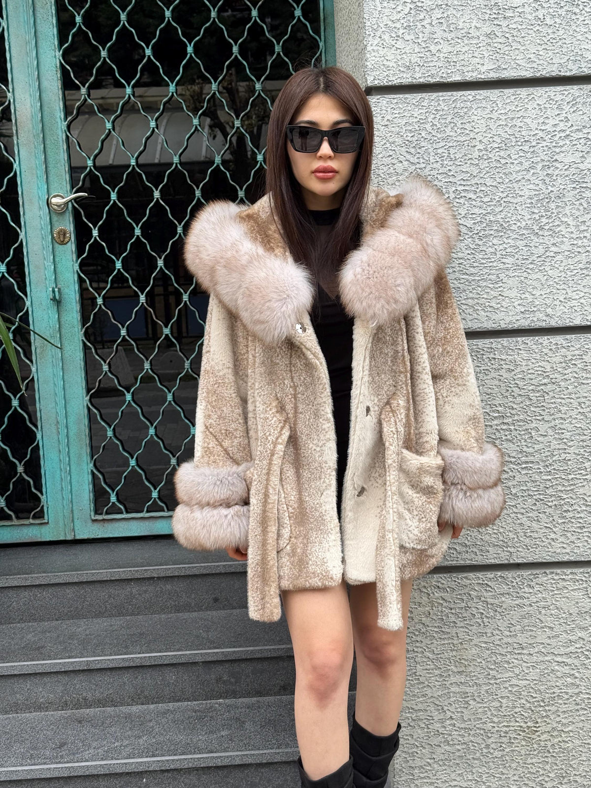 Luxury Beige Faux Mink Cape Coat with Fox Fur Hood & Cuffs | Women’s Beige Winter Genuine Fox Fur Jacket
