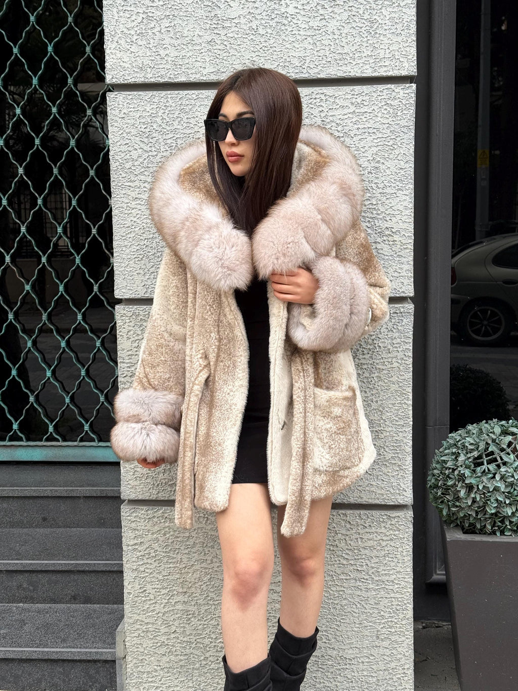 Luxury Beige Faux Mink Cape Coat with Fox Fur Hood & Cuffs | Women’s Beige Winter Genuine Fox Fur Jacket