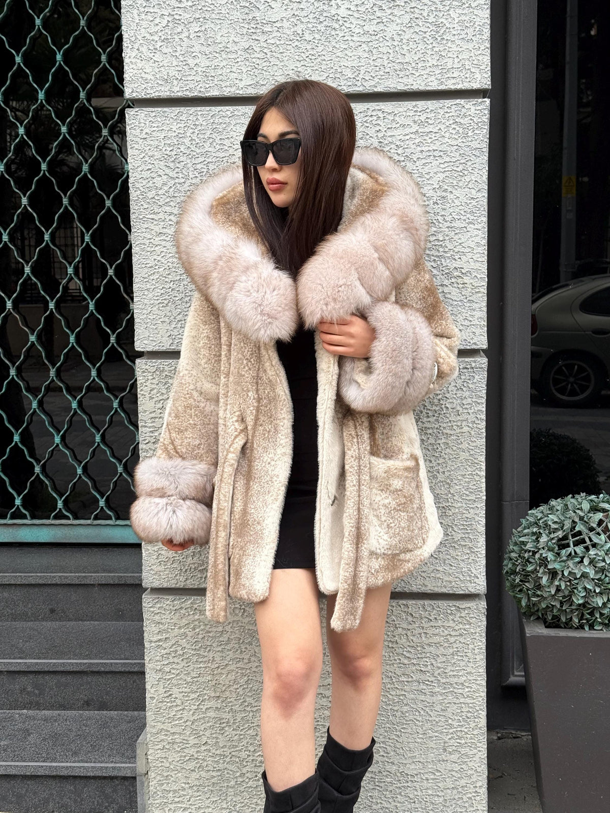 Luxury Beige Faux Mink Cape Coat with Fox Fur Hood & Cuffs | Women’s Beige Winter Genuine Fox Fur Jacket