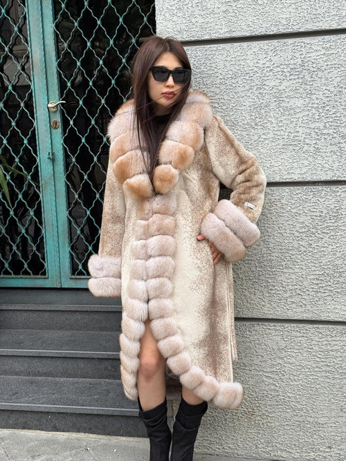 Beige Long Faux Mink Fur Coat, Front&Cuffs Fox Fur Jacket,/ Genuine Fox Fur Jacket.. Women Fox Fur Coat.. Fox Fur
