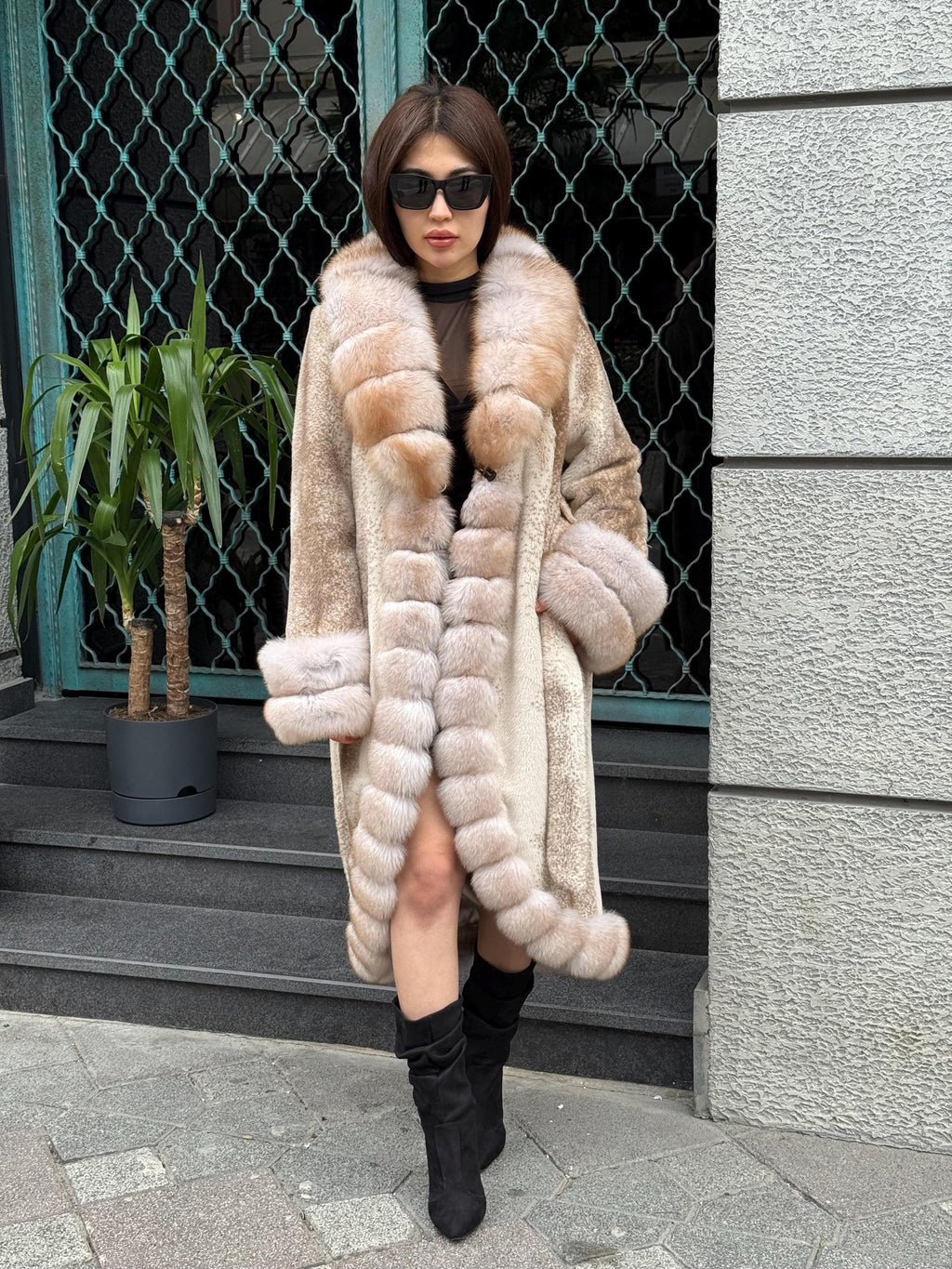 Beige Long Faux Mink Fur Coat, Front&Cuffs Fox Fur Jacket,/ Genuine Fox Fur Jacket.. Women Fox Fur Coat.. Fox Fur