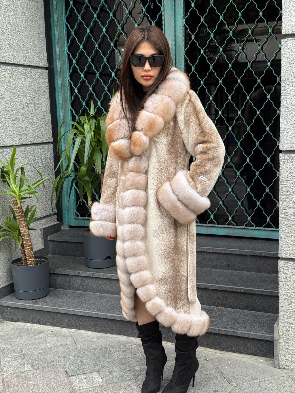 Beige Long Faux Mink Fur Coat, Front&Cuffs Fox Fur Jacket,/ Genuine Fox Fur Jacket.. Women Fox Fur Coat.. Fox Fur