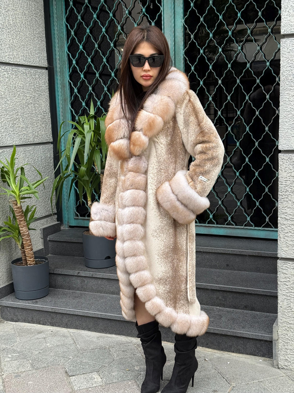 Beige Long Faux Mink Fur Coat, Front&Cuffs Fox Fur Jacket,/ Genuine Fox Fur Jacket.. Women Fox Fur Coat.. Fox Fur