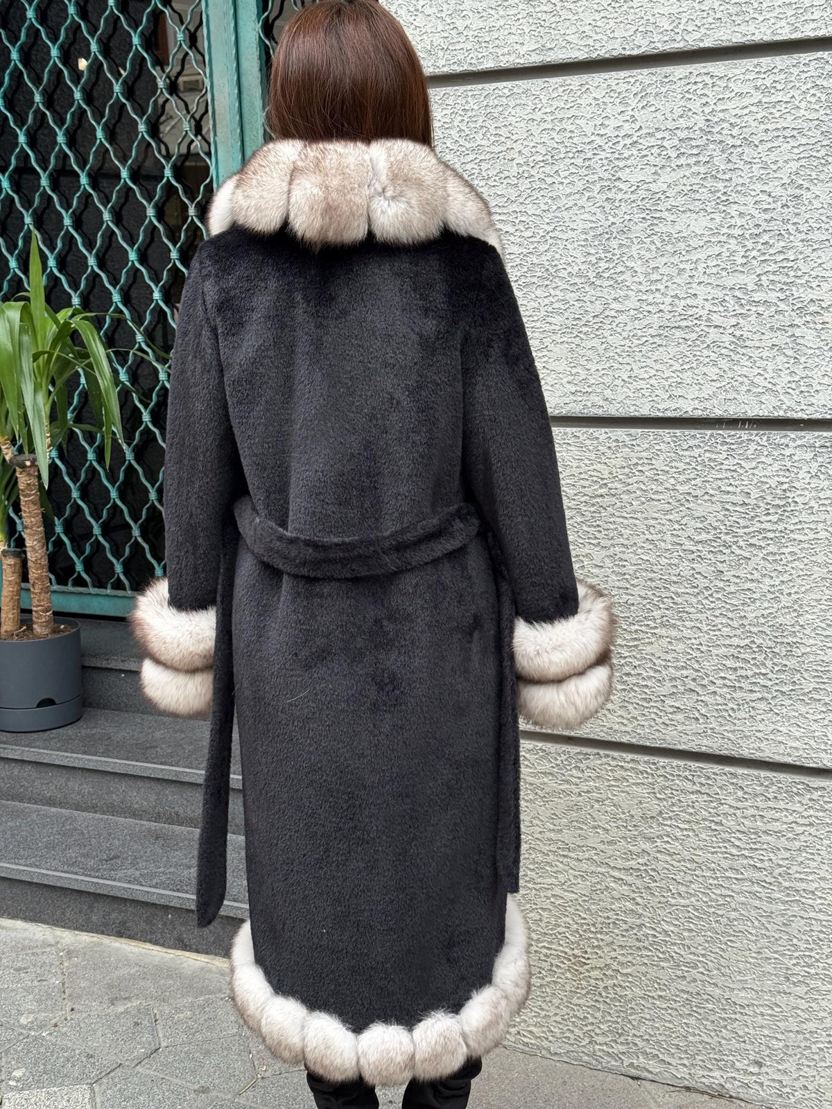 Black Long Alcantara Coat, Front Cuffs Fox Fur Jacket, Premium Fox Fur Jacket, Women Fox Fur Coat../ Fox Fur