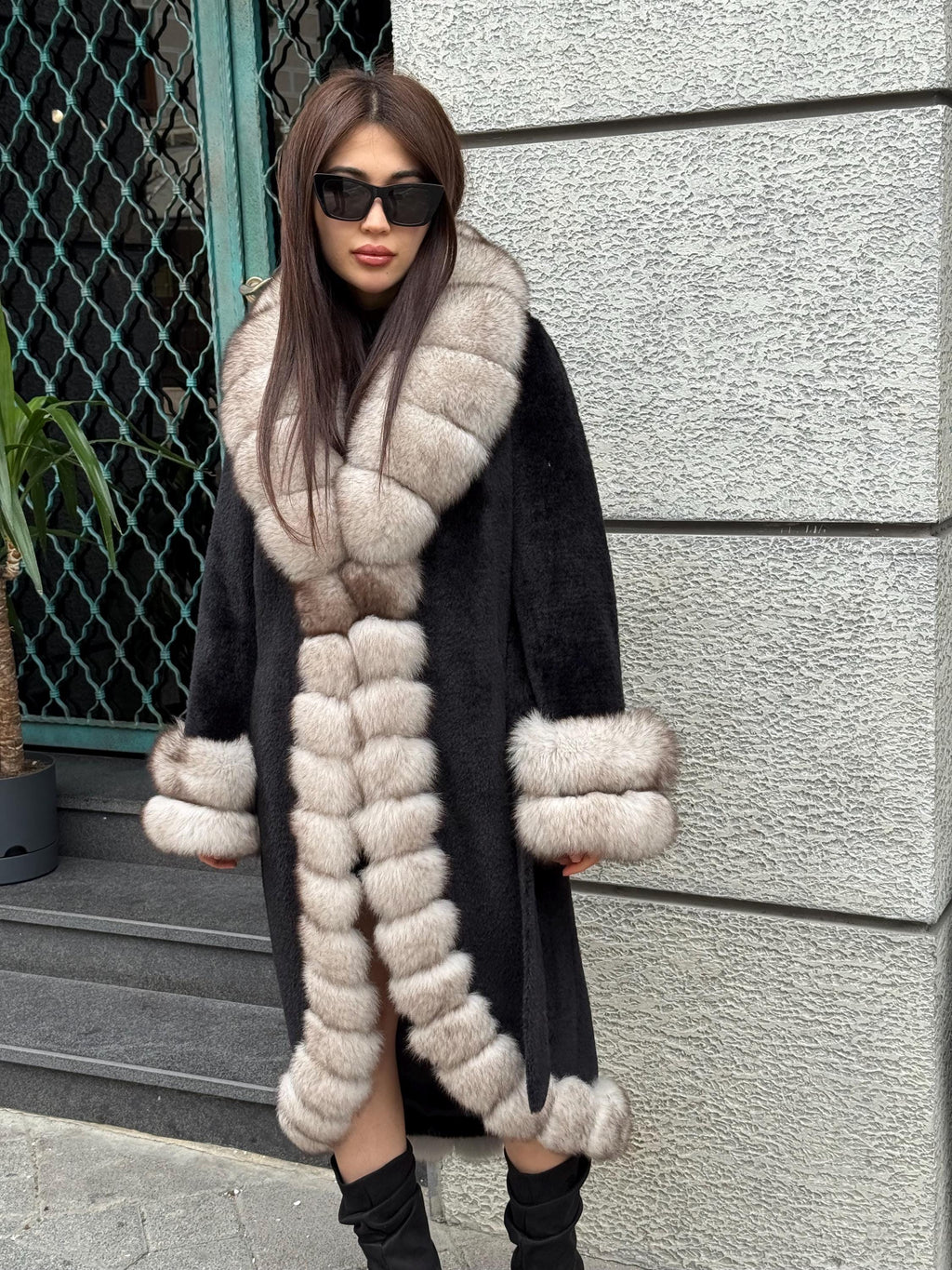 Black Long Alcantara Coat, Front Cuffs Fox Fur Jacket, Premium Fox Fur Jacket, Women Fox Fur Coat../ Fox Fur