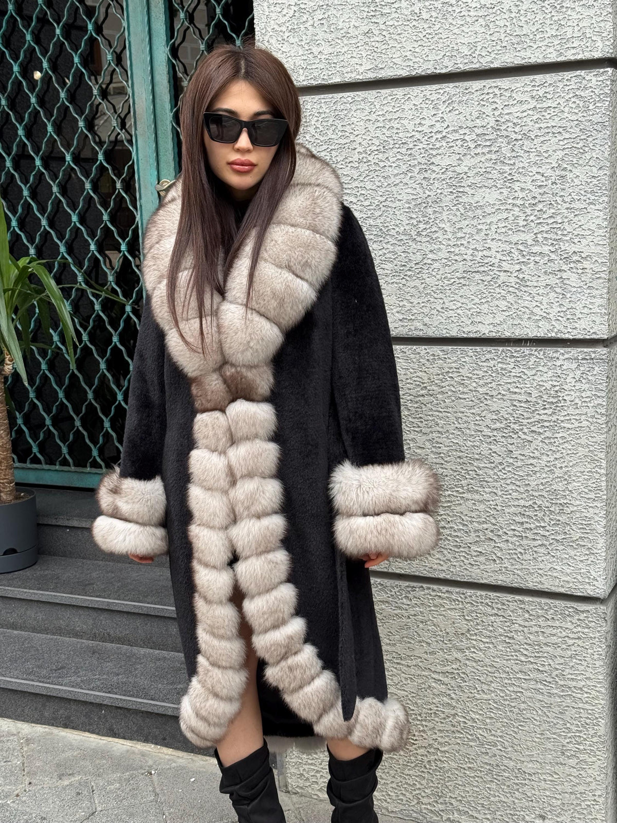 Black Long Alcantara Coat, Front Cuffs Fox Fur Jacket, Premium Fox Fur Jacket, Women Fox Fur Coat../ Fox Fur