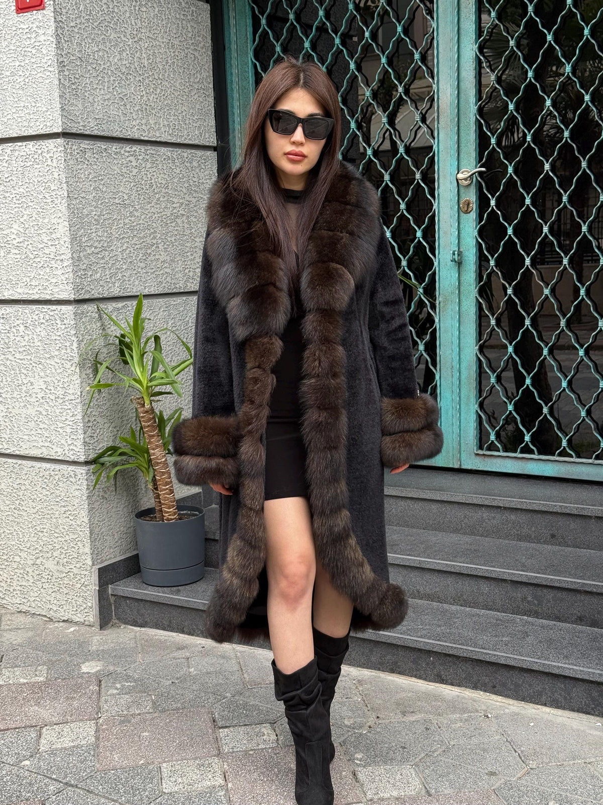 Black Long Alcantara Coat, Womens Handmade Front & Cuffs - Fox Fur Jacket. Sable Brown Fox Fur Jacket. Fox Fur Coat