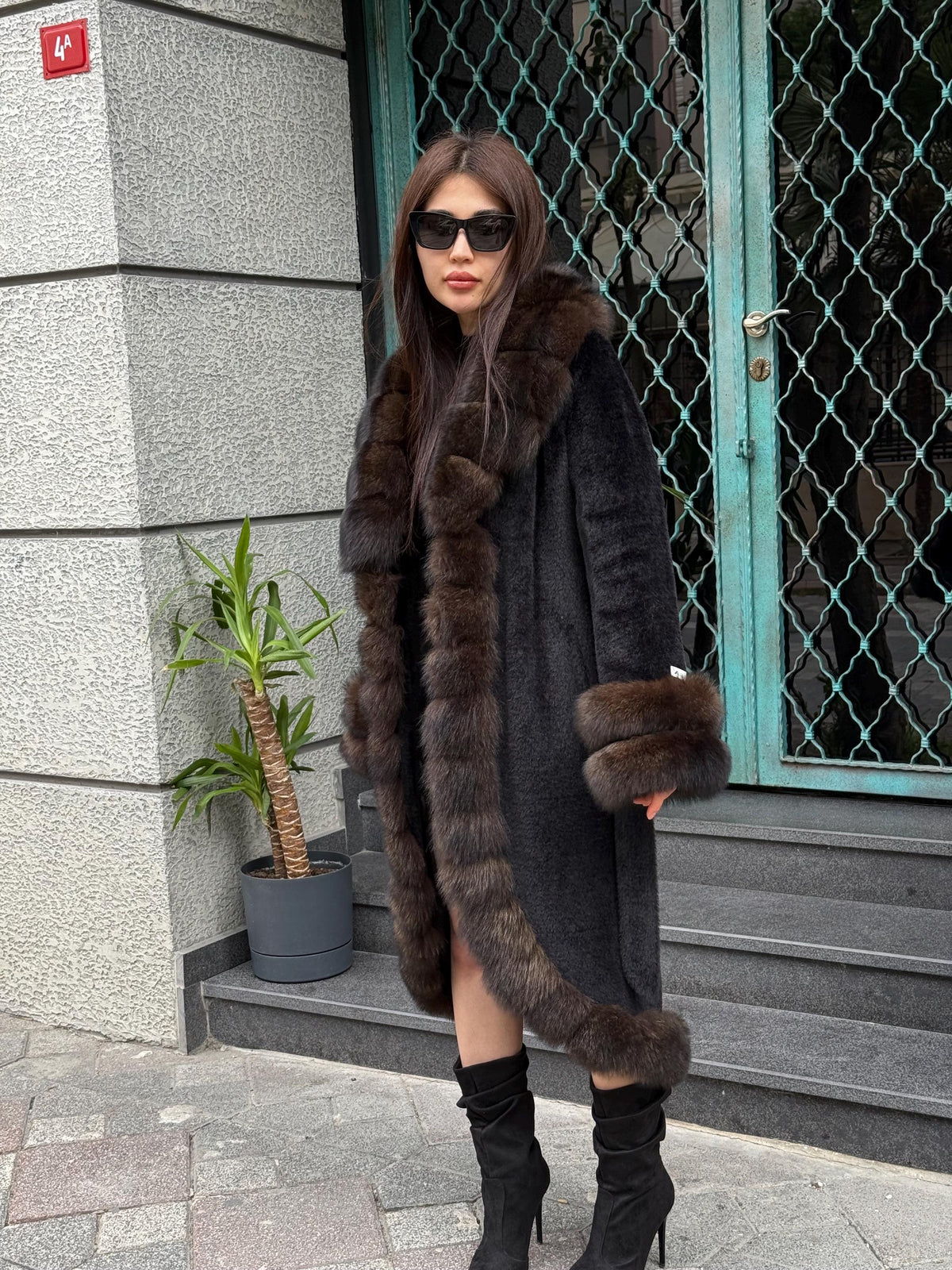 Black Long Alcantara Coat, Womens Handmade Front & Cuffs - Fox Fur Jacket. Sable Brown Fox Fur Jacket. Fox Fur Coat