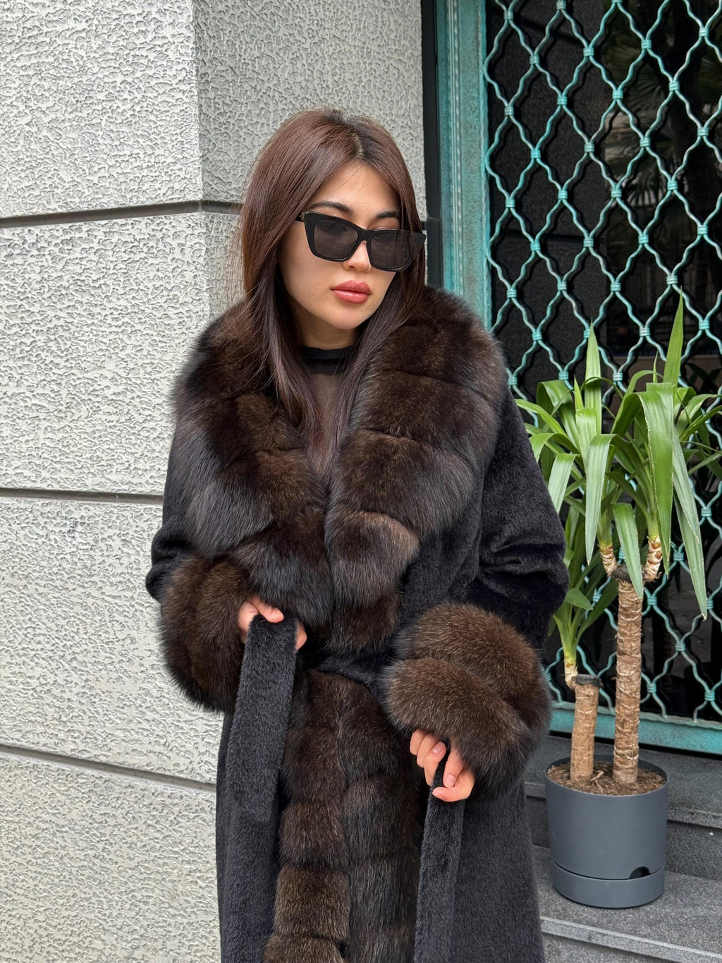 Black Long Alcantara Coat, Womens Handmade Front & Cuffs - Fox Fur Jacket. Sable Brown Fox Fur Jacket. Fox Fur Coat