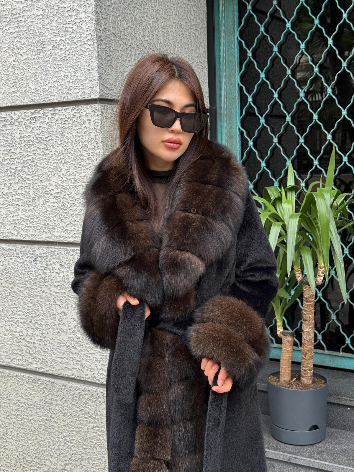 Black Long Alcantara Coat, Womens Handmade Front & Cuffs - Fox Fur Jacket. Sable Brown Fox Fur Jacket. Fox Fur Coat