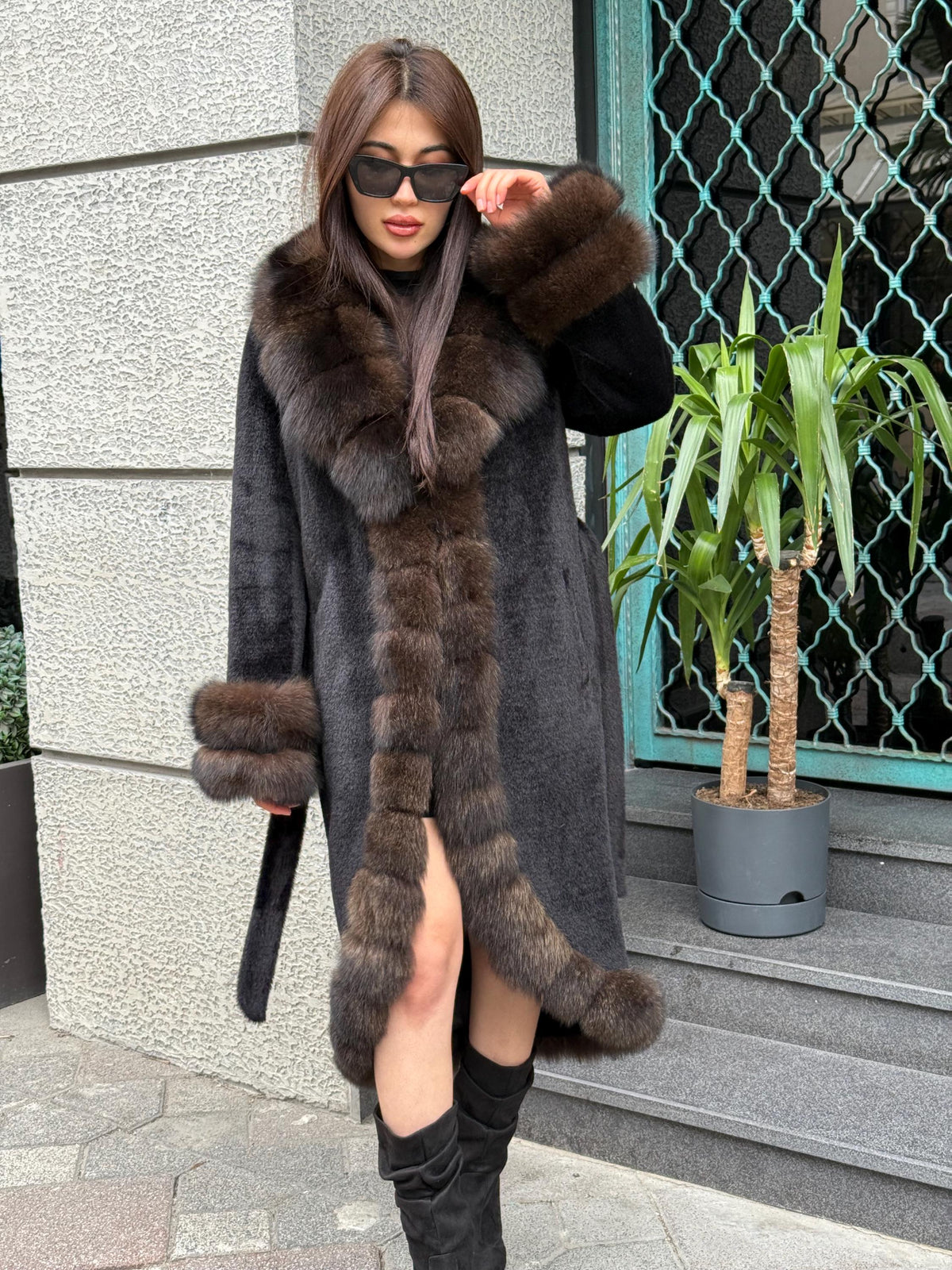 Black Long Alcantara Coat, Womens Handmade Front & Cuffs - Fox Fur Jacket. Sable Brown Fox Fur Jacket. Fox Fur Coat
