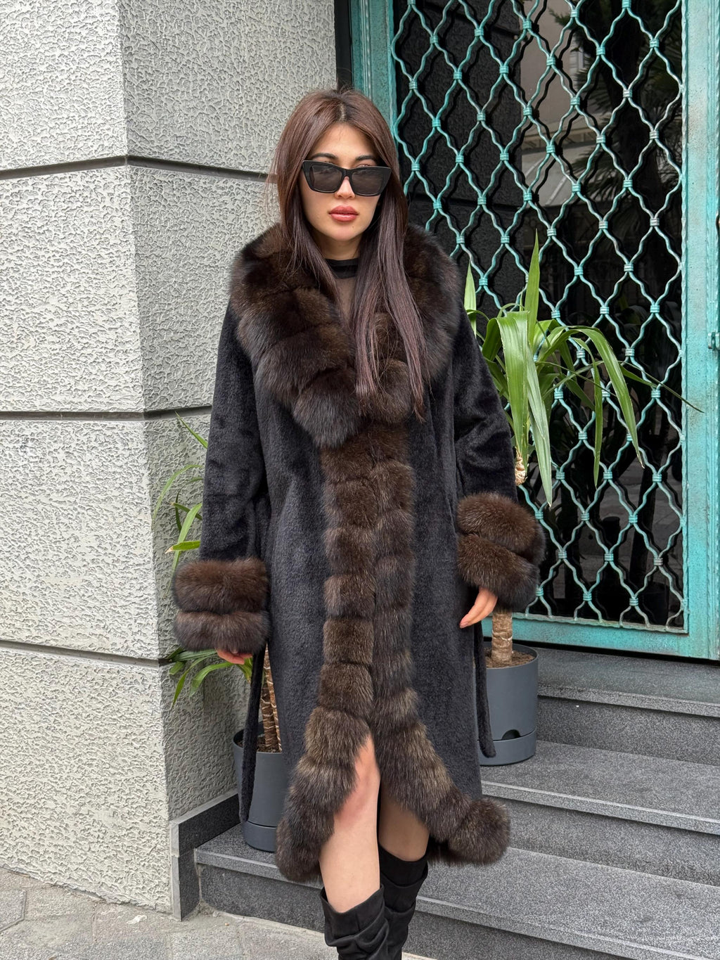 Black Long Alcantara Coat, Womens Handmade Front & Cuffs - Fox Fur Jacket. Sable Brown Fox Fur Jacket. Fox Fur Coat