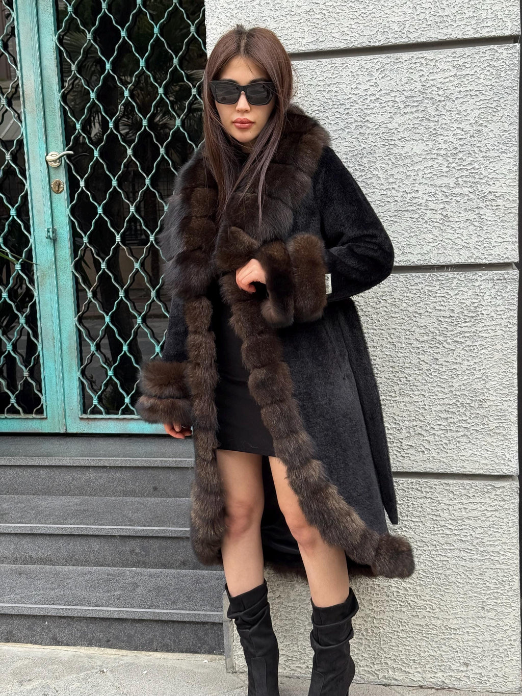 Black Long Alcantara Coat, Womens Handmade Front & Cuffs - Fox Fur Jacket. Sable Brown Fox Fur Jacket. Fox Fur Coat