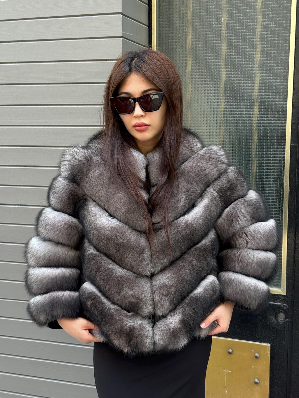 Women’s Gray Fox Fur Jacket, Luxury Chinchilla Color Fur Coat