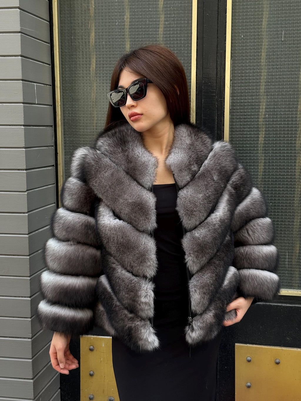 Women’s Gray Fox Fur Jacket, Luxury Chinchilla Color Fur Coat