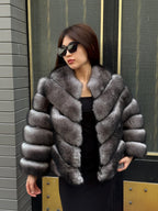 Women’s Gray Fox Fur Jacket, Luxury Chinchilla Color Fur Coat