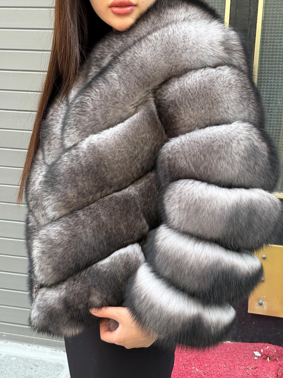Women’s Gray Fox Fur Jacket, Luxury Chinchilla Color Fur Coat
