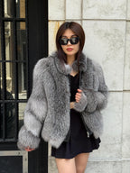 Gray Luxury Women Handmade Frost Fox Fur Coat - Slimfit Short Winter Real Frost Fox Fur Jacket For Women - Fox Fur Coat