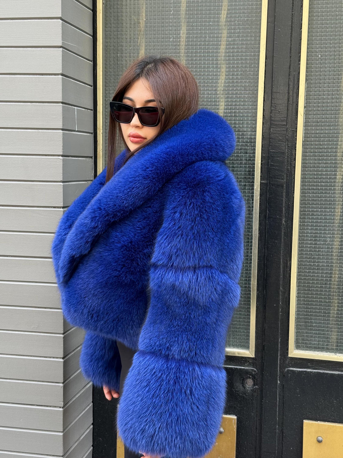 Sax Blue Fox Fur Jacket | Women Luxury Handmade Cropped Fur Coat