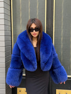 Sax Blue Fox Fur Jacket | Women Luxury Handmade Cropped Fur Coat