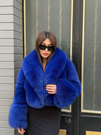 Sax Blue Fox Fur Jacket | Women Luxury Handmade Cropped Fur Coat