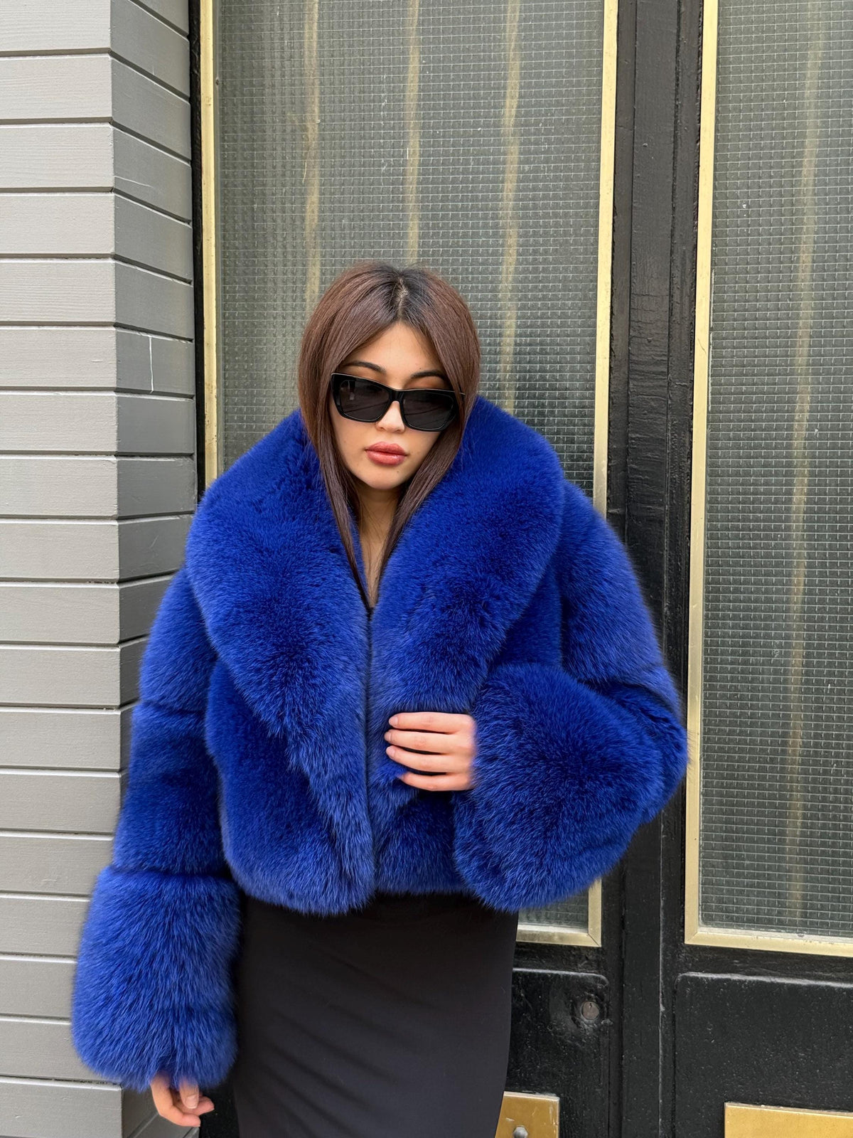 Sax Blue Fox Fur Jacket | Women Luxury Handmade Cropped Fur Coat
