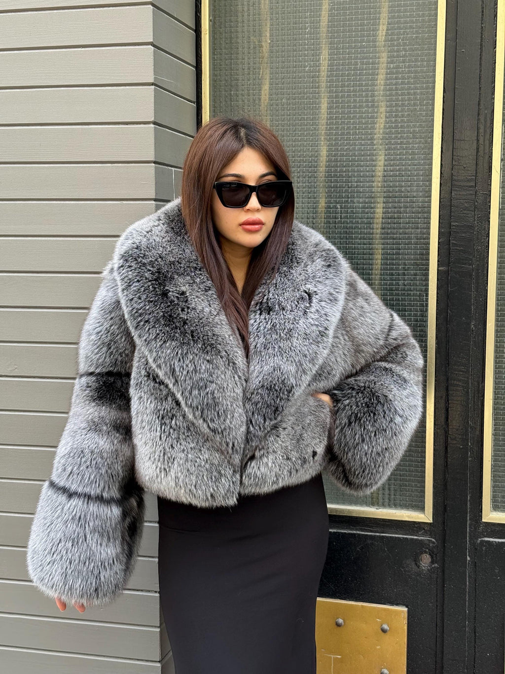 Gray Women Fox Fur Jacket | Luxury Handmade Cropped Silver Fur Coat