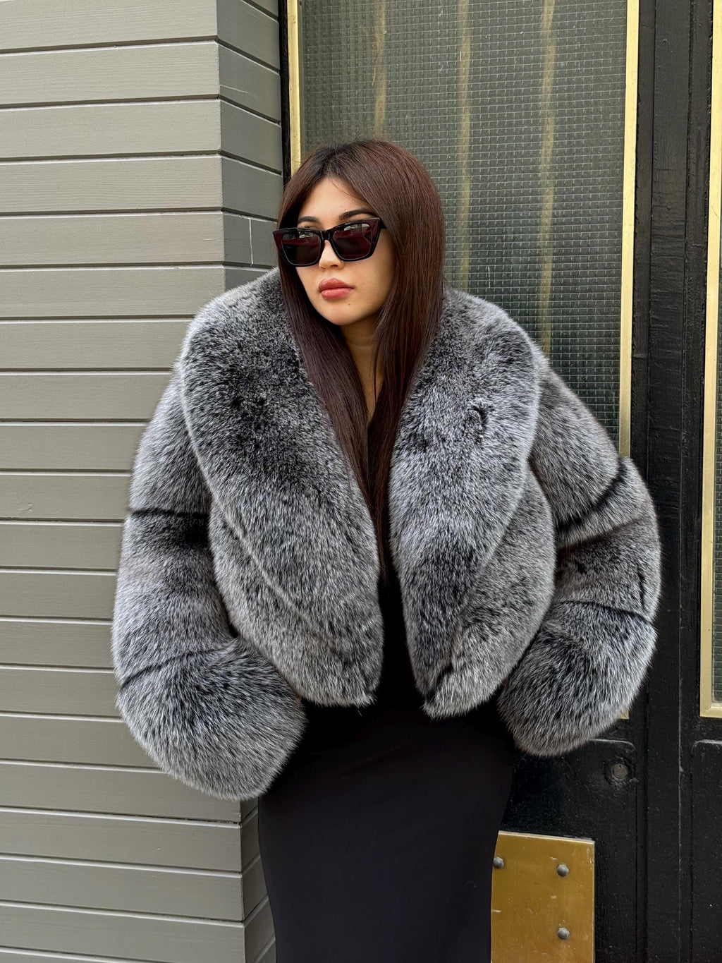 Gray Women Fox Fur Jacket | Luxury Handmade Cropped Silver Fur Coat