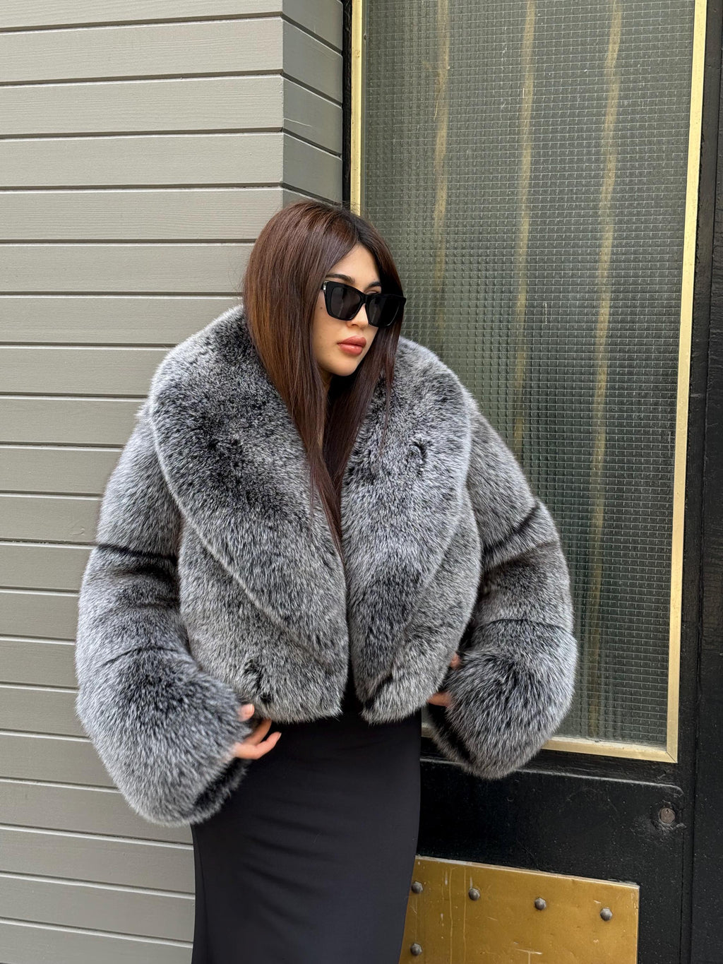 Gray Women Fox Fur Jacket | Luxury Handmade Cropped Silver Fur Coat