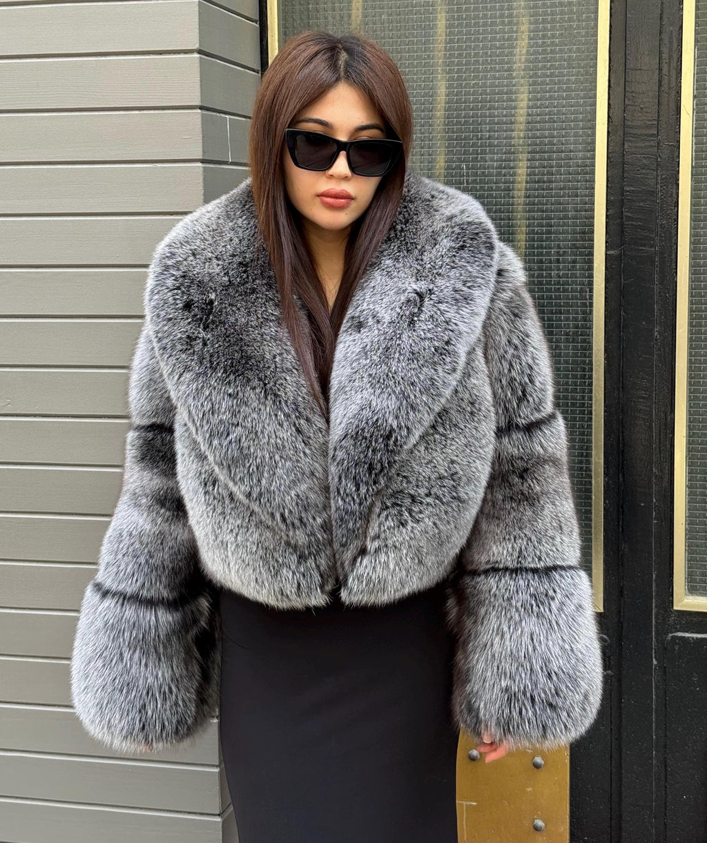 Gray Women Fox Fur Jacket | Luxury Handmade Cropped Silver Fur Coat