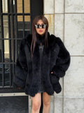 Women’s Black Fox Fur Jacket, Handmade Luxury Short Winter Fur Coat